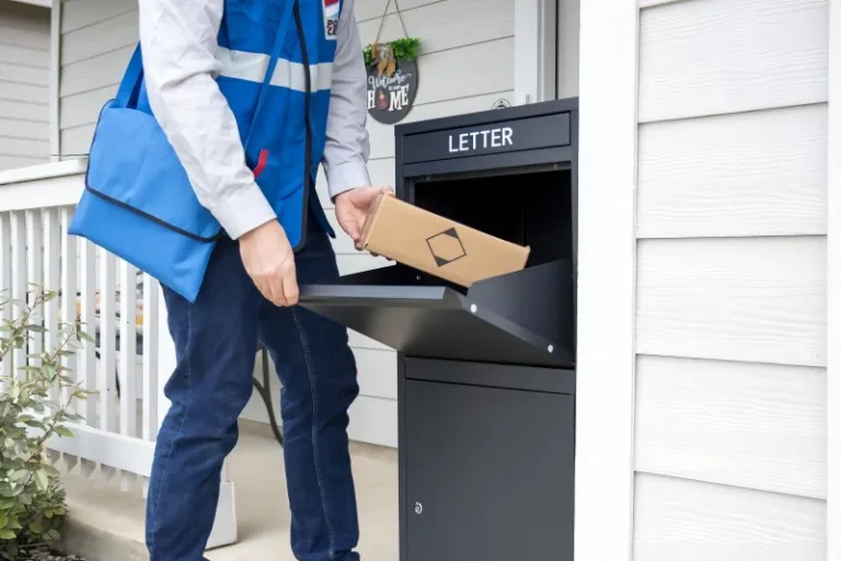 a delivery man in blue are delivering a box to the black lockable package box