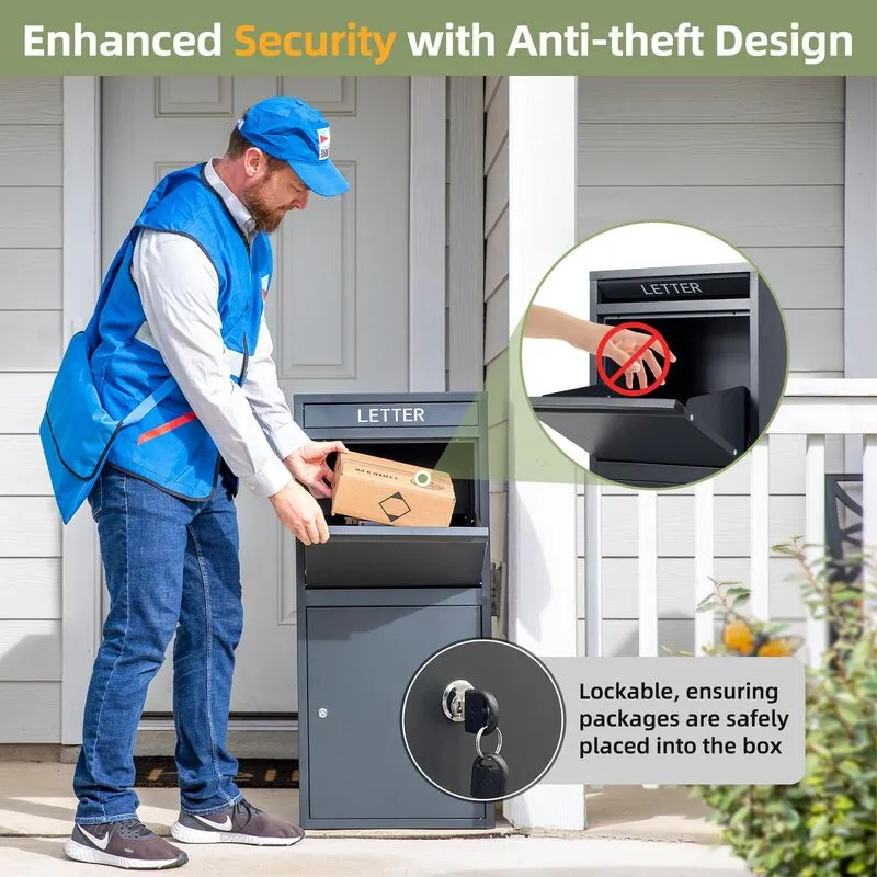 A delivery person in a blue uniform places a package into a black delivery box labeled "LETTER." Inset images highlight the lockable feature and anti-theft design, ensuring packages are securely placed in the box.