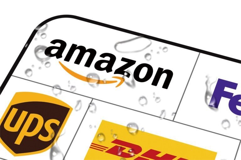 Close-up of a waterproof Feliluke package delivery sign sticker with water droplets, showcasing the brands Amazon, UPS, FedEx, and DHL.