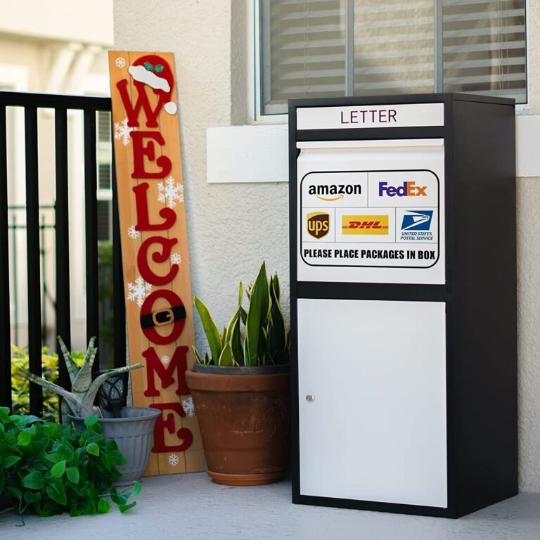 The Feliluke black and white oversized mail and package locker is positioned on the porch, featuring a vibrant-colored delivery drop-off instruction sticker.