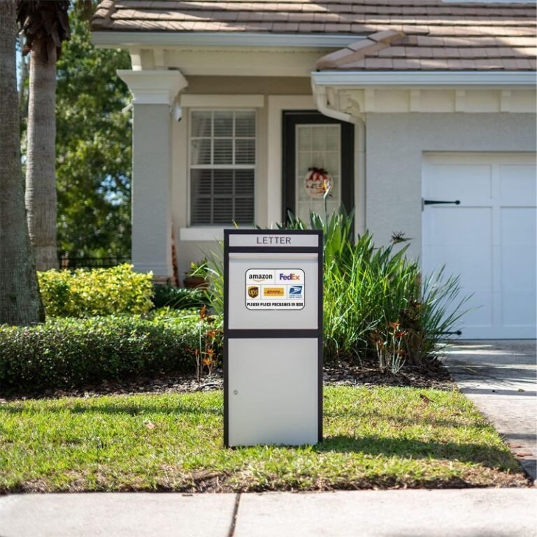 The Feliluke black and white oversized delivery locker is placed in the yard, accompanied by a colorful delivery drop-off instruction sticker.