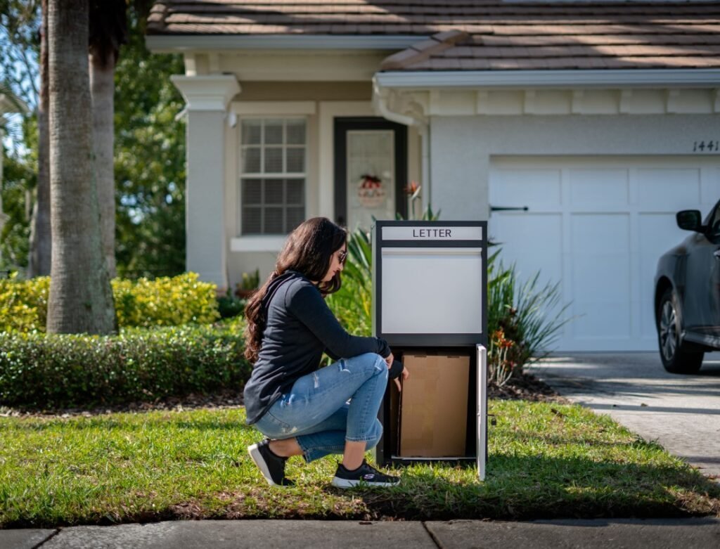 Woman crouching by a secure Feliluke package delivery box outside a residential home