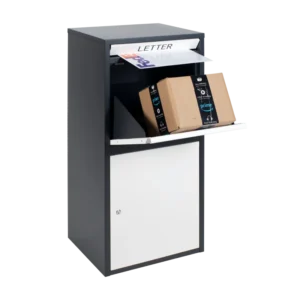 A white package delivery box labeled "LETTER" with its top drawer open, containing a FedEx envelope and an Amazon Prime package. The box has a secure lower compartment for package storage.