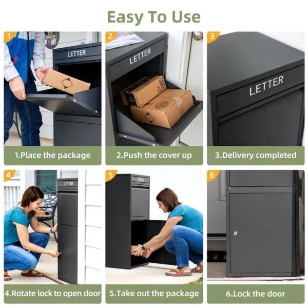 A step-by-step guide showing how to use a black package delivery box labeled "LETTER." The steps include placing the package, pushing the cover up, rotating the lock to open the door, taking out the package, and locking the door.
