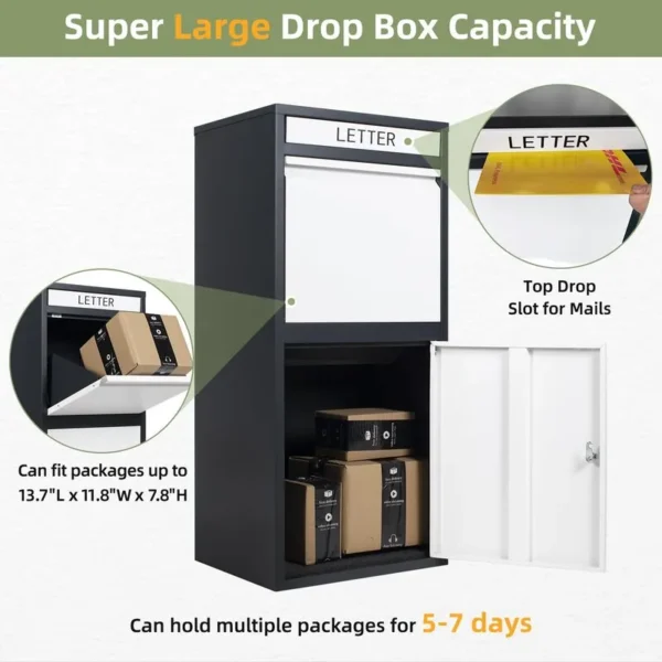 A white package delivery box labeled "LETTER" with a demonstration of its large capacity. The image shows that it can fit multiple packages of various sizes, enough to hold packages for 5-7 days.