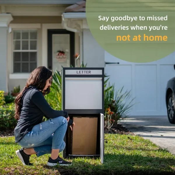 A woman in black crouches next to a white package delivery box labeled "LETTER" in front of a house, retrieving a package. The text on the image reads, "Say goodbye to missed deliveries when you're not at home."