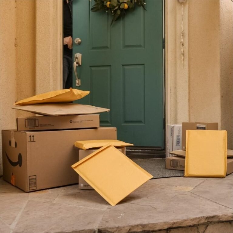 Assorted cardboard packages and yellow bubble mailers are scattered in front of a home, while the homeowner opens the green door in preparation to receive the deliveries.