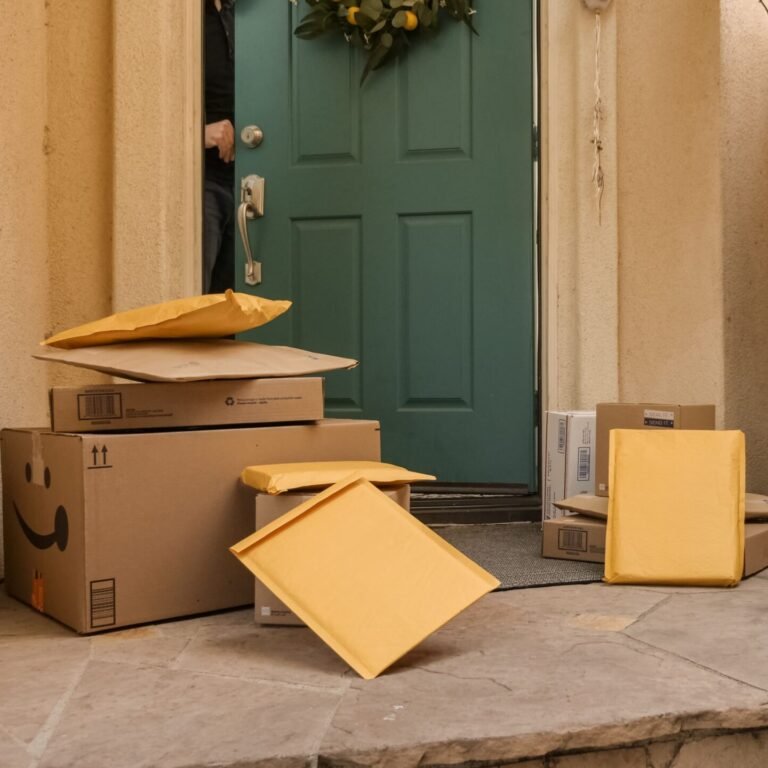 Unattended packages on a doorstep, illustrating the necessity of a Feliluke package delivery box for security