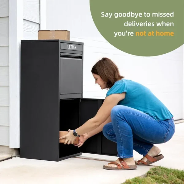 A woman crouches down to retrieve a package from a black delivery box labeled "LETTER" at the front of a house. The text on the image reads, "Say goodbye to missed deliveries when you're not at home."