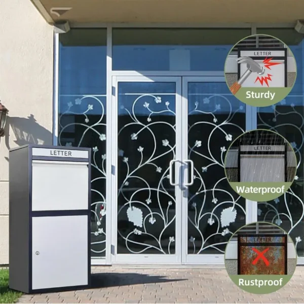 A white package delivery box labeled "LETTER" is shown in front of a glass door with decorative white patterns. Inset images highlight the box's sturdy construction, waterproof feature, and rustproof material.