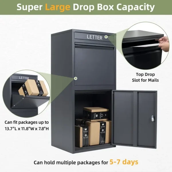 A black package delivery box labeled "LETTER" with a demonstration of its large capacity. The image shows that it can fit multiple packages of various sizes, enough to hold packages for 5-7 days.