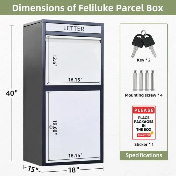 A diagram showing the dimensions of a white parcel drop box labeled "LETTER," with measurements of 40" height, 15" width, and 18" depth. The image also includes keys, mounting screws, and a sticker that says, "PLEASE PLACE PACKAGES IN THE BOX."