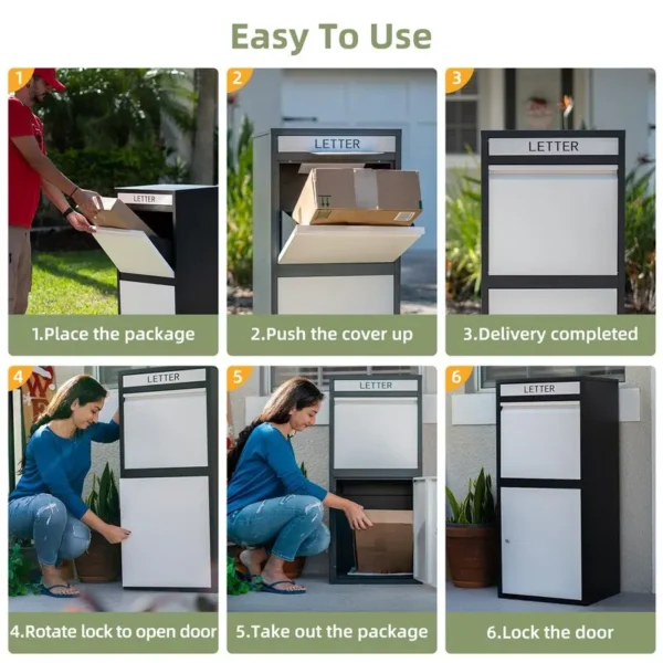 A step-by-step guide showing how to use a white package delivery box labeled "LETTER." The steps include placing the package, pushing the cover up, rotating the lock to open the door, taking out the package, and locking the door.