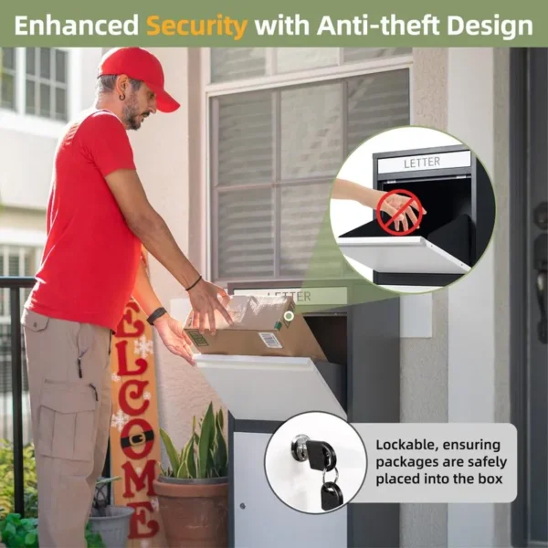 A delivery person in a red uniform places a package into a white steel delivery box labeled "LETTER." Inset images highlight the lockable feature and anti-theft design, ensuring packages are securely placed in the box.