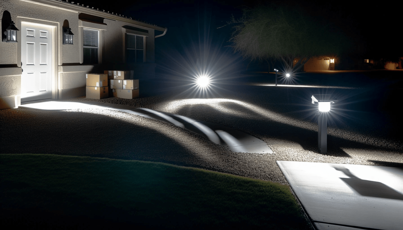 Motion-activated spotlight illuminating property