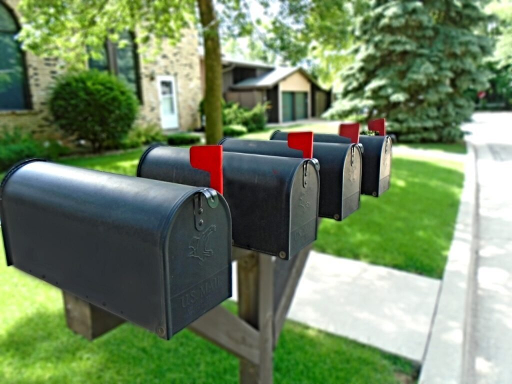 4 mailboxes with red flag up