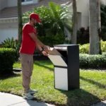A postal worker in a red shirt and cap delivers a letter to a large parel drop box located on a grassy lawn.