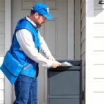 a delivery driver in a blue work uniform, inserting letters into the mail slot of a package delivery box black