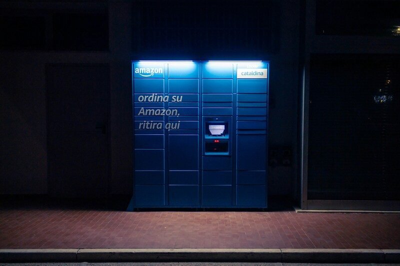 Blue Amazon locker for secure package pickup, protecting against porch pirates.