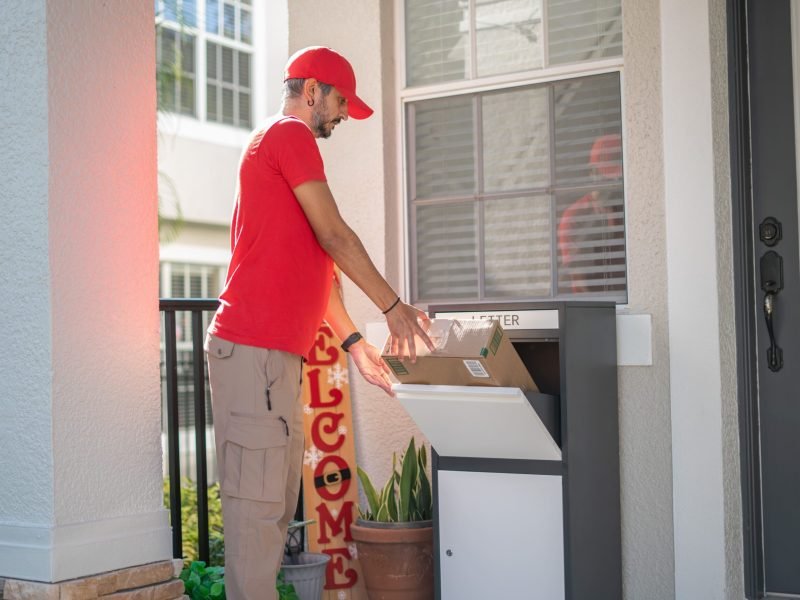 Delivery personnel placing a parcel into a Feliluke Package Delivery Box by a home's front door, demonstrating the box's practical use